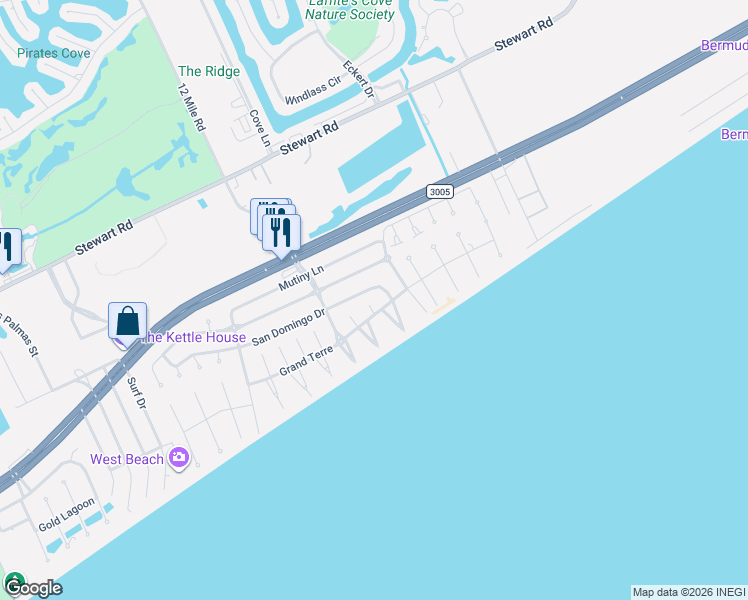 map of restaurants, bars, coffee shops, grocery stores, and more near 4106 San Domingo Court in Galveston