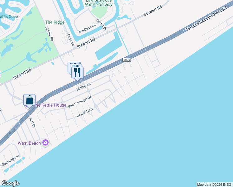 map of restaurants, bars, coffee shops, grocery stores, and more near 4207 Rageur Boulevard in Galveston