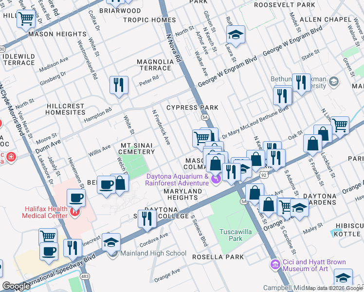 map of restaurants, bars, coffee shops, grocery stores, and more near 311 Fletcher Avenue in Daytona Beach