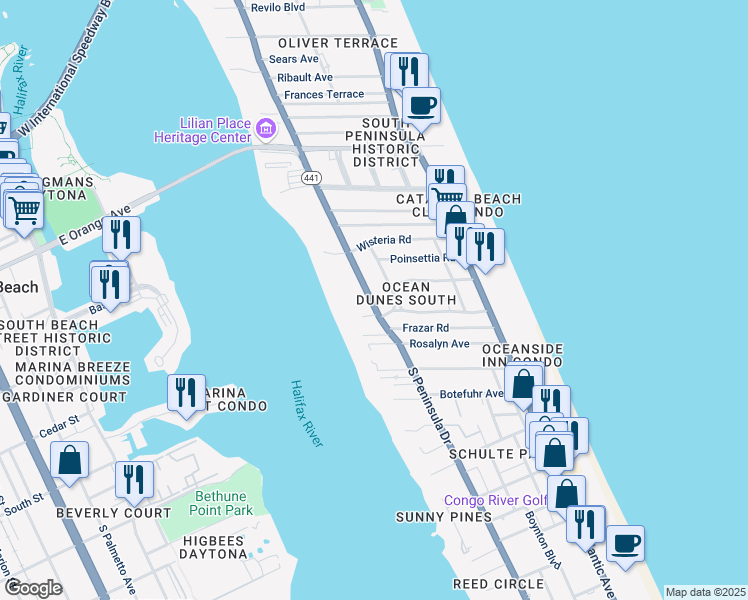 map of restaurants, bars, coffee shops, grocery stores, and more near 1709 Florida 441 in Daytona Beach