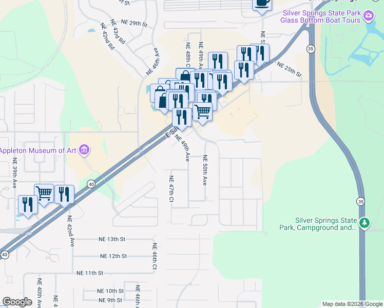 map of restaurants, bars, coffee shops, grocery stores, and more near 1901 Northeast 19th Place in Ocala