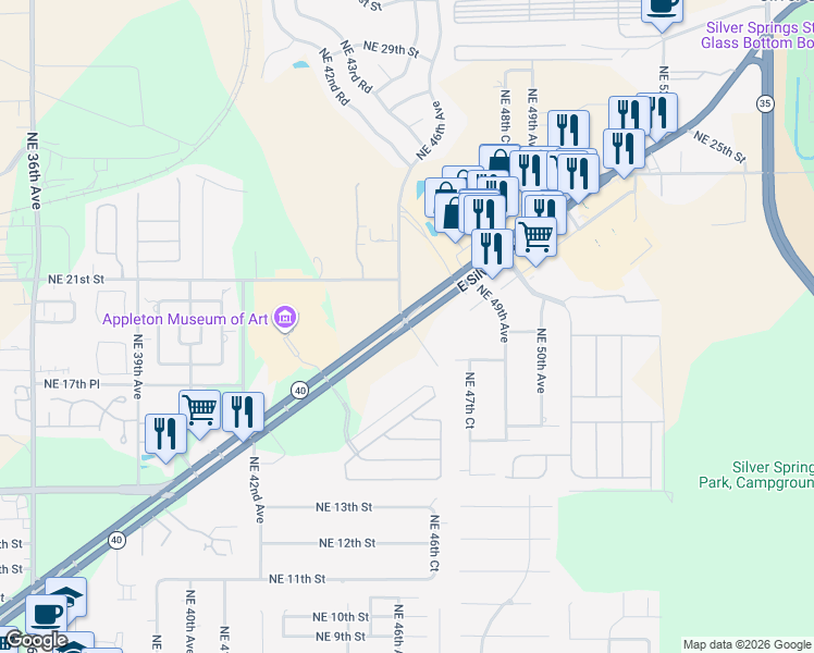 map of restaurants, bars, coffee shops, grocery stores, and more near 4601 East Silver Springs Boulevard in Ocala