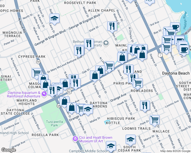 map of restaurants, bars, coffee shops, grocery stores, and more near 744 West International Speedway Boulevard in Daytona Beach