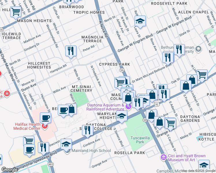 map of restaurants, bars, coffee shops, grocery stores, and more near 311 Fletcher Avenue in Daytona Beach
