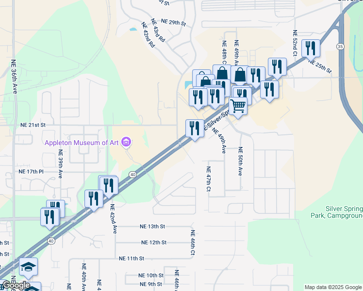 map of restaurants, bars, coffee shops, grocery stores, and more near Northeast 46th Avenue in Ocala