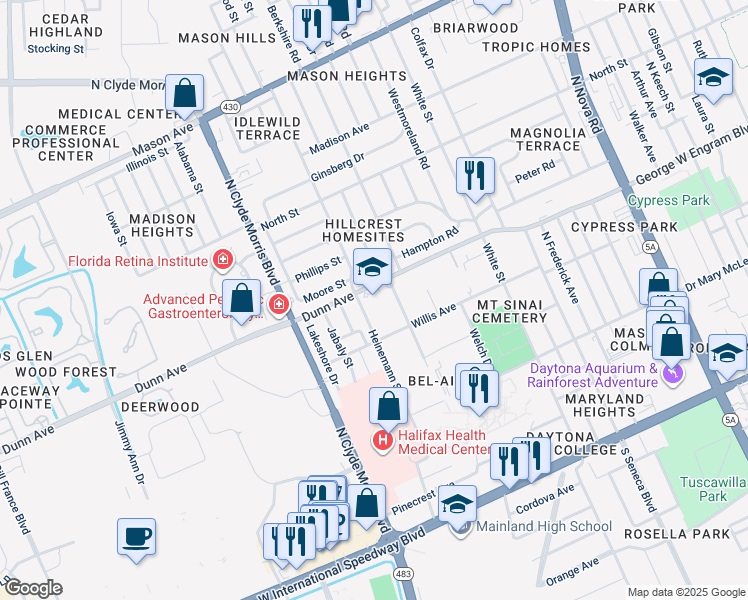 map of restaurants, bars, coffee shops, grocery stores, and more near 1219 Dunn Avenue in Daytona Beach