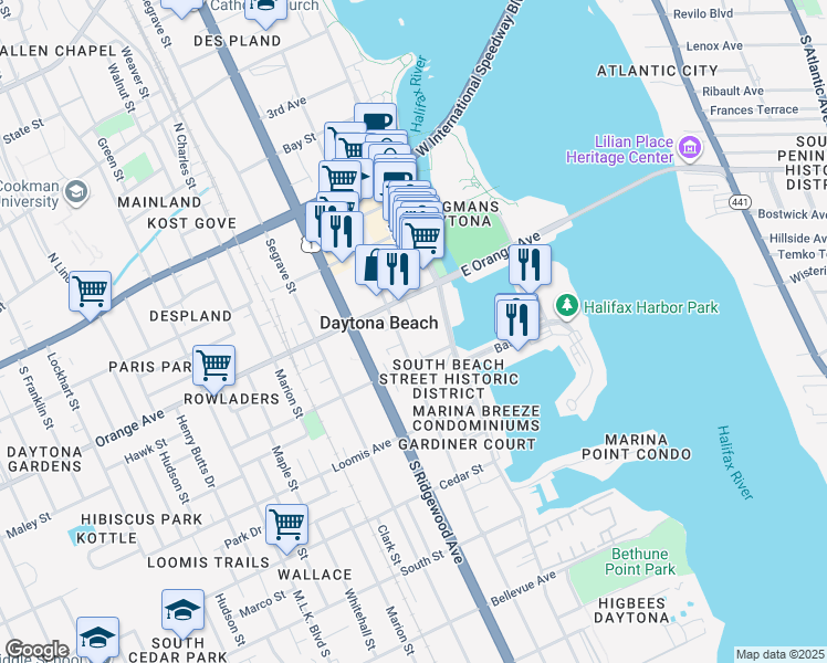 map of restaurants, bars, coffee shops, grocery stores, and more near 124 Live Oak Avenue in Daytona Beach
