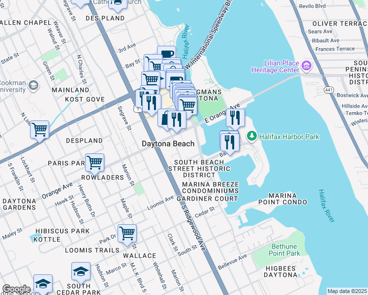 map of restaurants, bars, coffee shops, grocery stores, and more near 124 Live Oak Avenue in Daytona Beach
