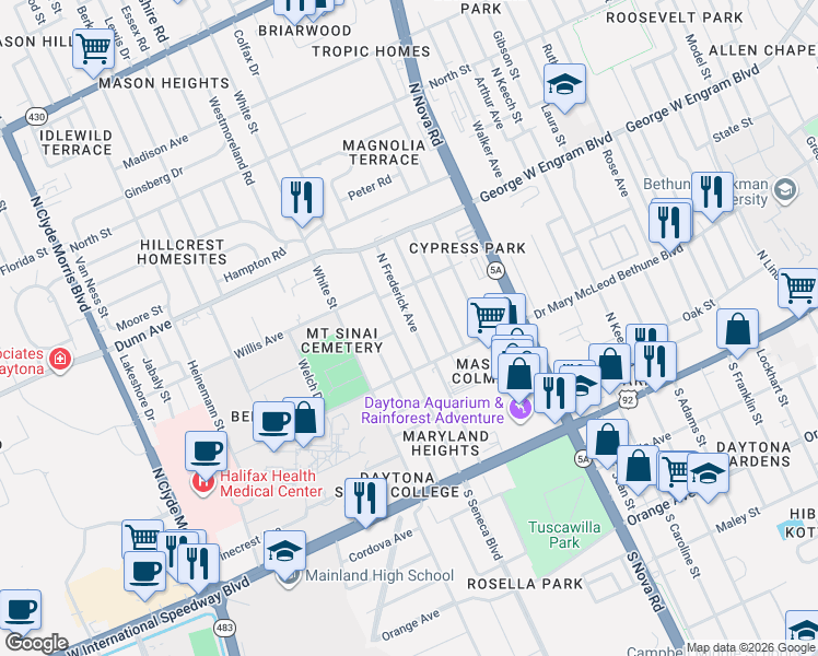 map of restaurants, bars, coffee shops, grocery stores, and more near 331 Seneca Street in Daytona Beach