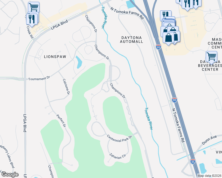 map of restaurants, bars, coffee shops, grocery stores, and more near 6 Lionspaw Grand in Daytona Beach
