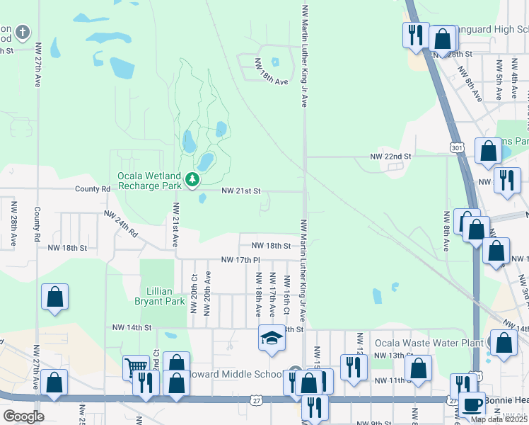 map of restaurants, bars, coffee shops, grocery stores, and more near 1830 Northwest 21st Street in Ocala