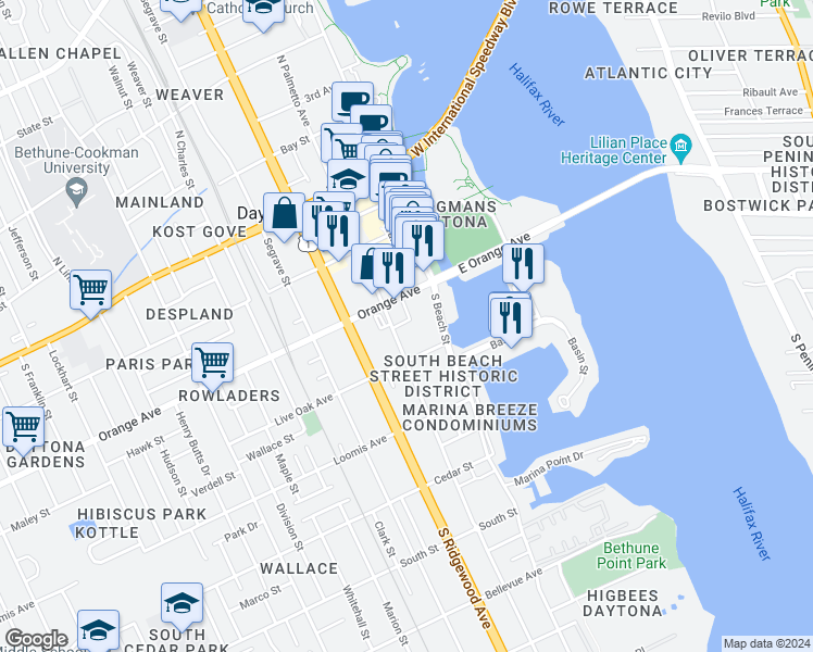 map of restaurants, bars, coffee shops, grocery stores, and more near 124 Live Oak Avenue in Daytona Beach