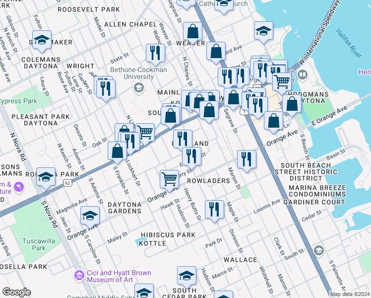 map of restaurants, bars, coffee shops, grocery stores, and more near 201 Doctor Martin Luther King Junior Boulevard in Daytona Beach