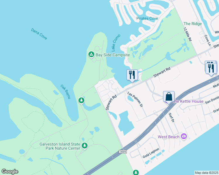 map of restaurants, bars, coffee shops, grocery stores, and more near 14510 McKenna Street in Galveston