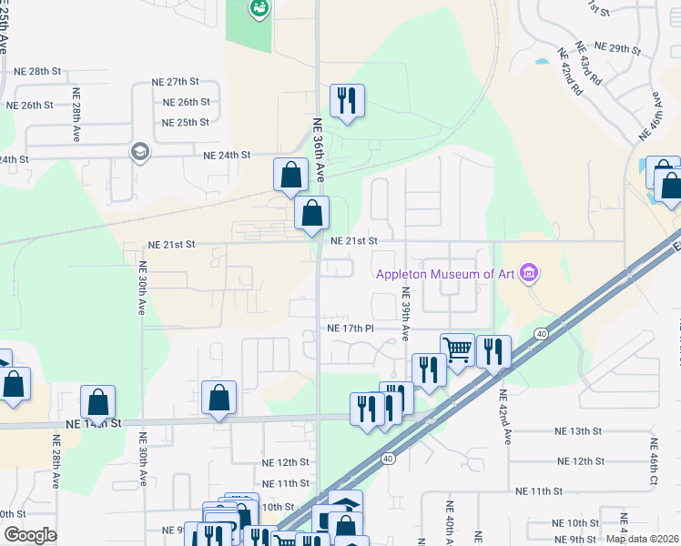 map of restaurants, bars, coffee shops, grocery stores, and more near 3625 Northeast 19th Place in Ocala