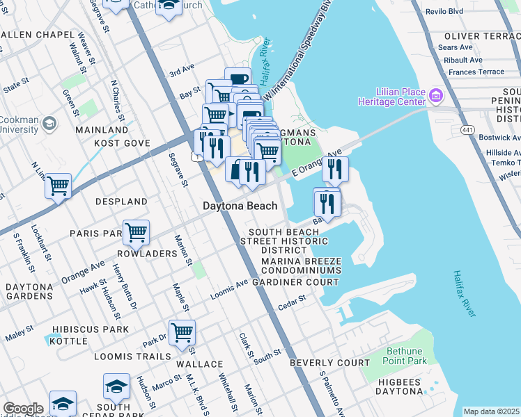 map of restaurants, bars, coffee shops, grocery stores, and more near 124 Live Oak Avenue in Daytona Beach