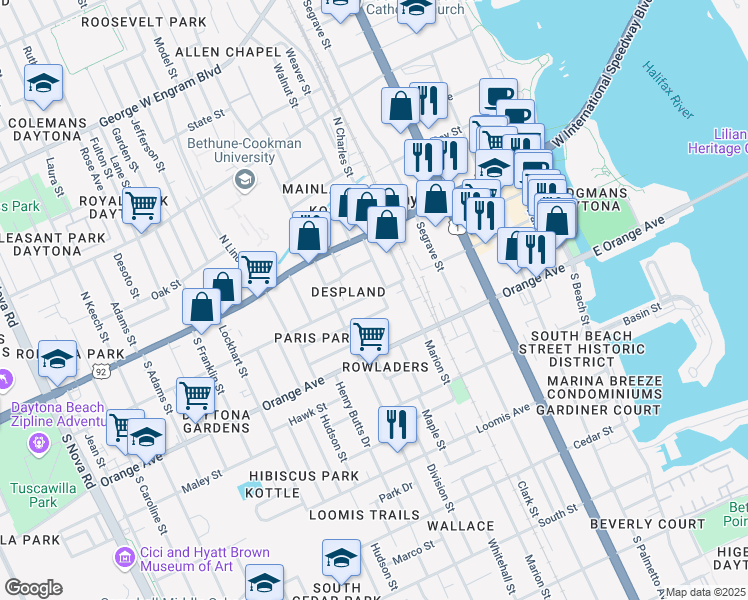 map of restaurants, bars, coffee shops, grocery stores, and more near 551 Eldorado Street in Daytona Beach