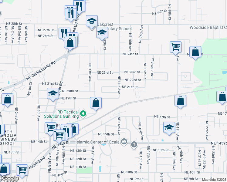 map of restaurants, bars, coffee shops, grocery stores, and more near 1316 Northeast 20th Street in Ocala