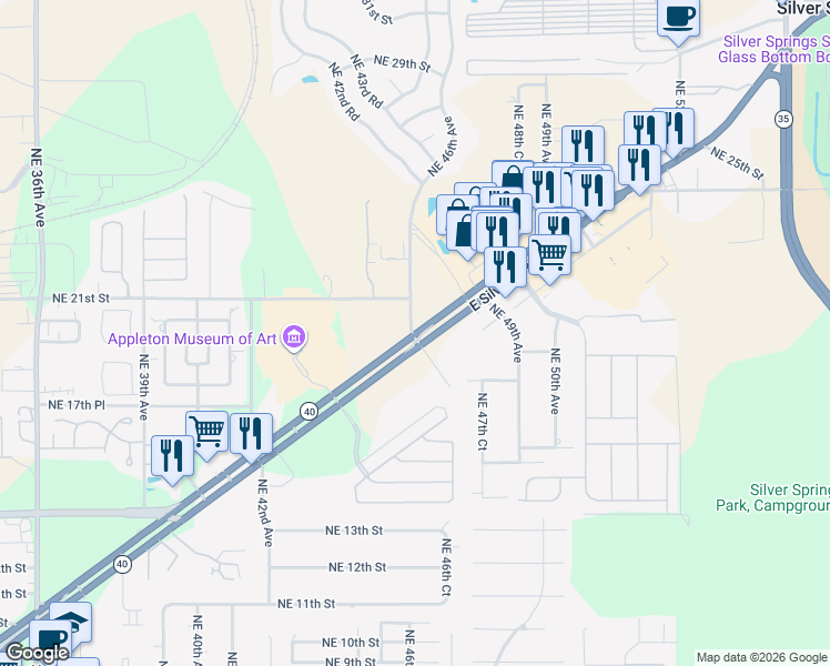 map of restaurants, bars, coffee shops, grocery stores, and more near 4601 East Silver Springs Boulevard in Ocala