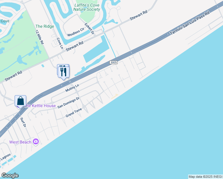 map of restaurants, bars, coffee shops, grocery stores, and more near 4226 Fiddler Crab Lane in Galveston