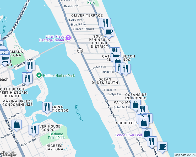 map of restaurants, bars, coffee shops, grocery stores, and more near 1709 Florida 441 in Daytona Beach
