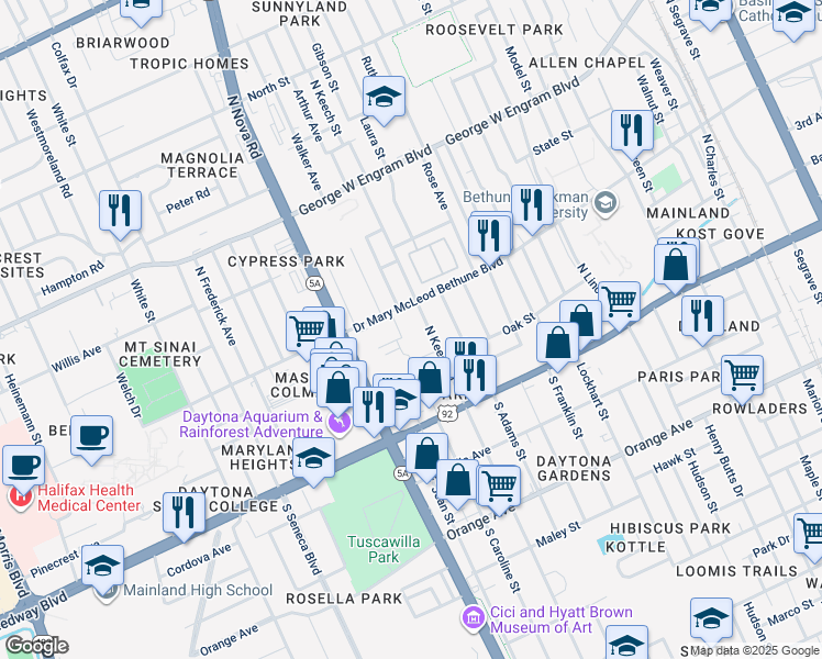 map of restaurants, bars, coffee shops, grocery stores, and more near 200 North Caralonia Street in Daytona Beach
