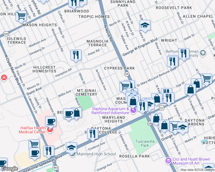map of restaurants, bars, coffee shops, grocery stores, and more near 311 Fletcher Avenue in Daytona Beach