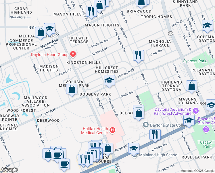 map of restaurants, bars, coffee shops, grocery stores, and more near 1219 Dunn Avenue in Daytona Beach