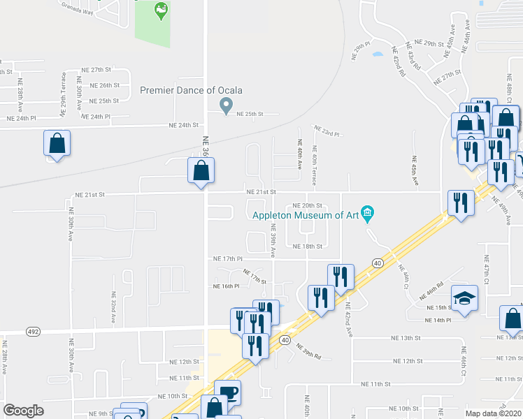 map of restaurants, bars, coffee shops, grocery stores, and more near 3841 Northeast 19th Street Circle in Ocala