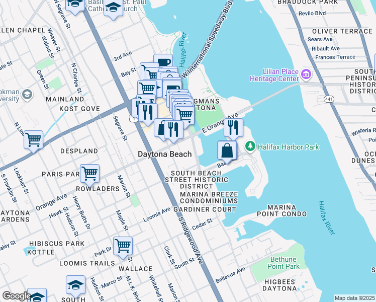 map of restaurants, bars, coffee shops, grocery stores, and more near 127 Orange Avenue in Daytona Beach