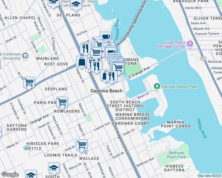 map of restaurants, bars, coffee shops, grocery stores, and more near in Daytona Beach