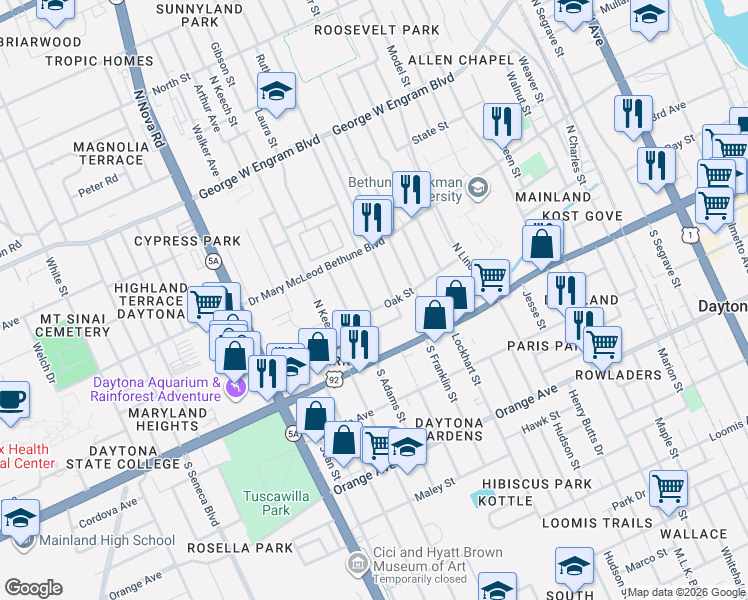 map of restaurants, bars, coffee shops, grocery stores, and more near 227 Desoto Street in Daytona Beach