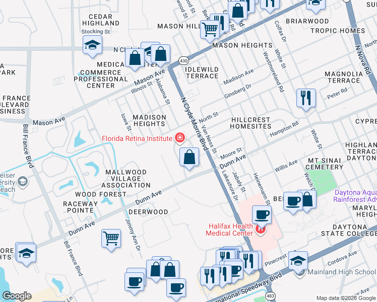 map of restaurants, bars, coffee shops, grocery stores, and more near 541 Health Boulevard in Daytona Beach