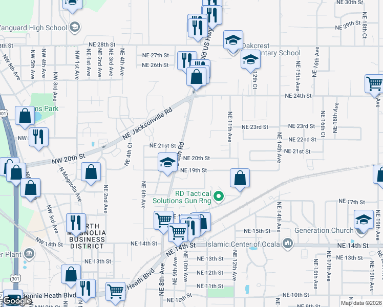 map of restaurants, bars, coffee shops, grocery stores, and more near 957 Northeast 20th Street in Ocala