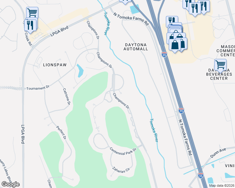 map of restaurants, bars, coffee shops, grocery stores, and more near 35 Acclaim at Lionspaw in Daytona Beach