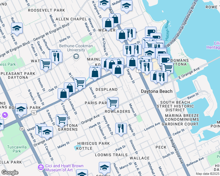 map of restaurants, bars, coffee shops, grocery stores, and more near 551 Foote Court in Daytona Beach