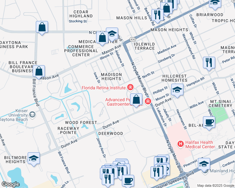 map of restaurants, bars, coffee shops, grocery stores, and more near 1539 Florida Street in Daytona Beach
