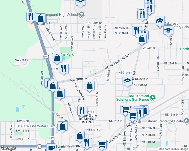map of restaurants, bars, coffee shops, grocery stores, and more near 805 Northwest 28th Street in Ocala