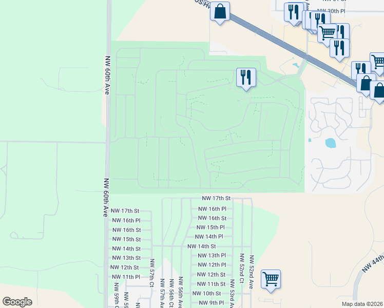 map of restaurants, bars, coffee shops, grocery stores, and more near 2060 Northwest 55th Avenue Road in Ocala