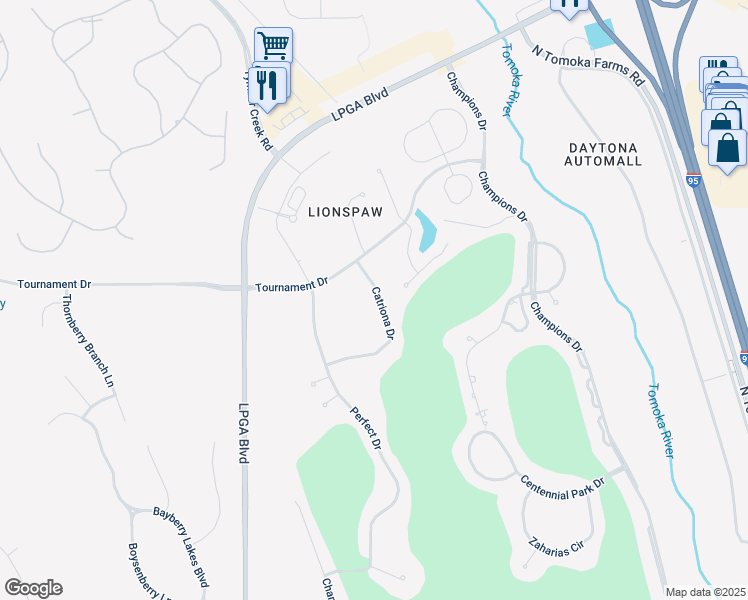 map of restaurants, bars, coffee shops, grocery stores, and more near 261 Catriona Drive in Daytona Beach