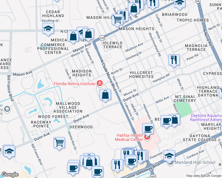map of restaurants, bars, coffee shops, grocery stores, and more near 541 Health Boulevard in Daytona Beach
