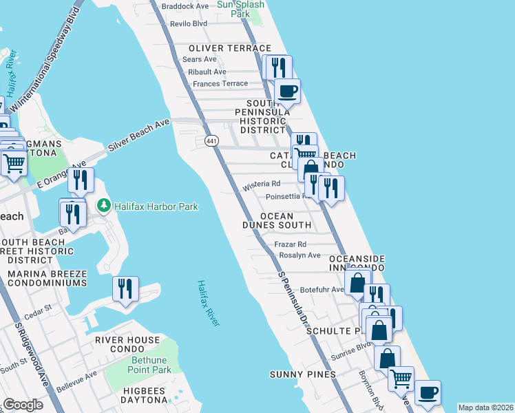 map of restaurants, bars, coffee shops, grocery stores, and more near 1596 Crescent Ridge Road in Daytona Beach