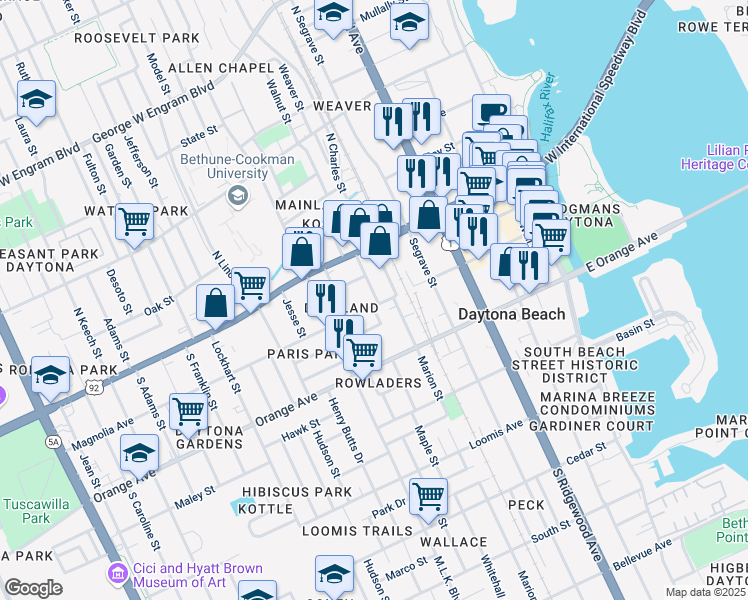 map of restaurants, bars, coffee shops, grocery stores, and more near 526 Magnolia Avenue in Daytona Beach