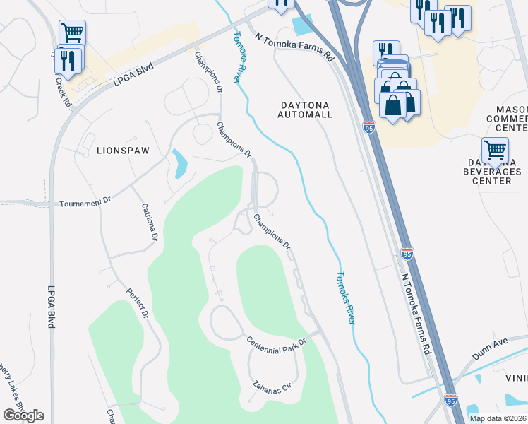map of restaurants, bars, coffee shops, grocery stores, and more near 35 Acclaim at Lionspaw in Daytona Beach