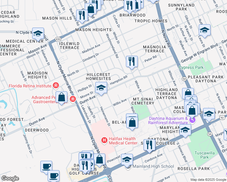 map of restaurants, bars, coffee shops, grocery stores, and more near 1185 Dunn Avenue in Daytona Beach