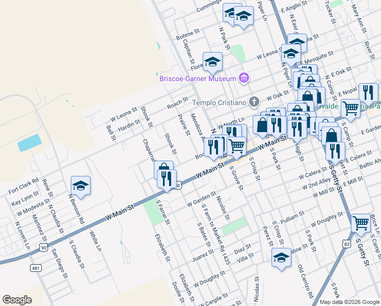 map of restaurants, bars, coffee shops, grocery stores, and more near 213 Prairie Street in Uvalde