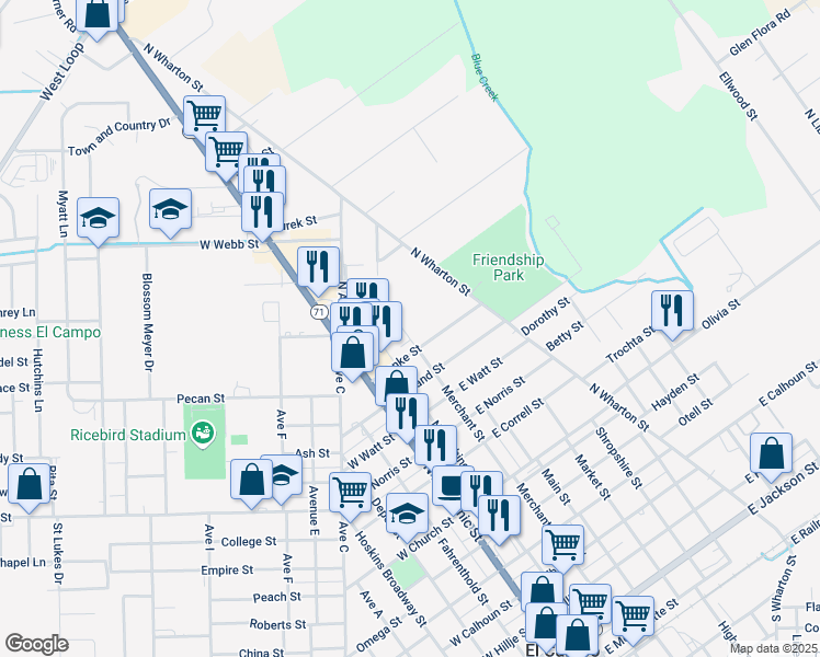 map of restaurants, bars, coffee shops, grocery stores, and more near 1214 Merchant Street in El Campo