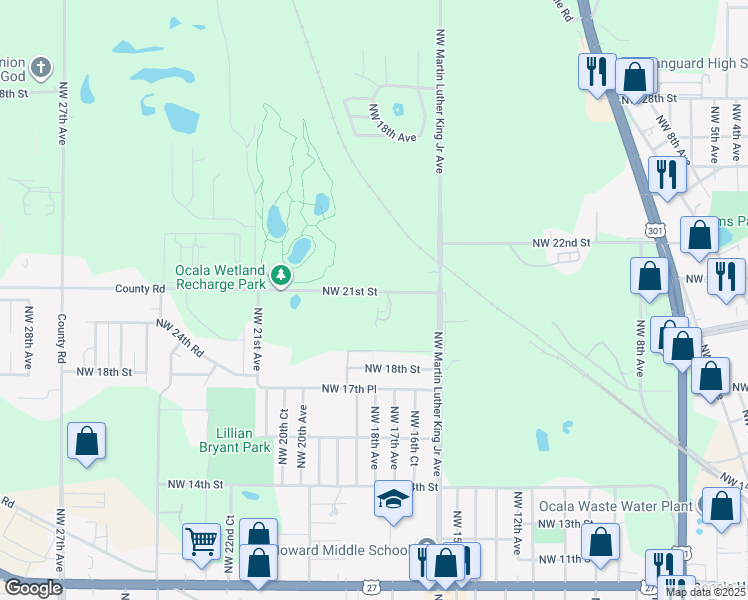 map of restaurants, bars, coffee shops, grocery stores, and more near 1830 Northwest 21st Street in Ocala
