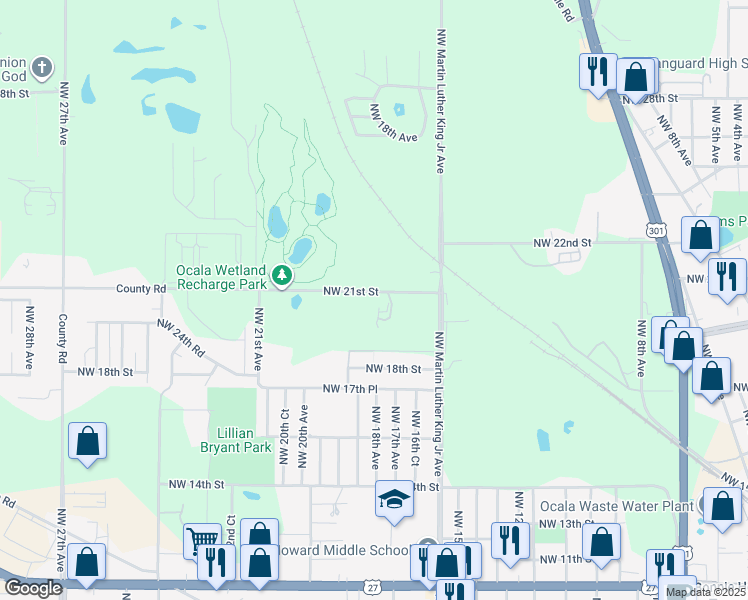 map of restaurants, bars, coffee shops, grocery stores, and more near 1830 Northwest 21st Street in Ocala