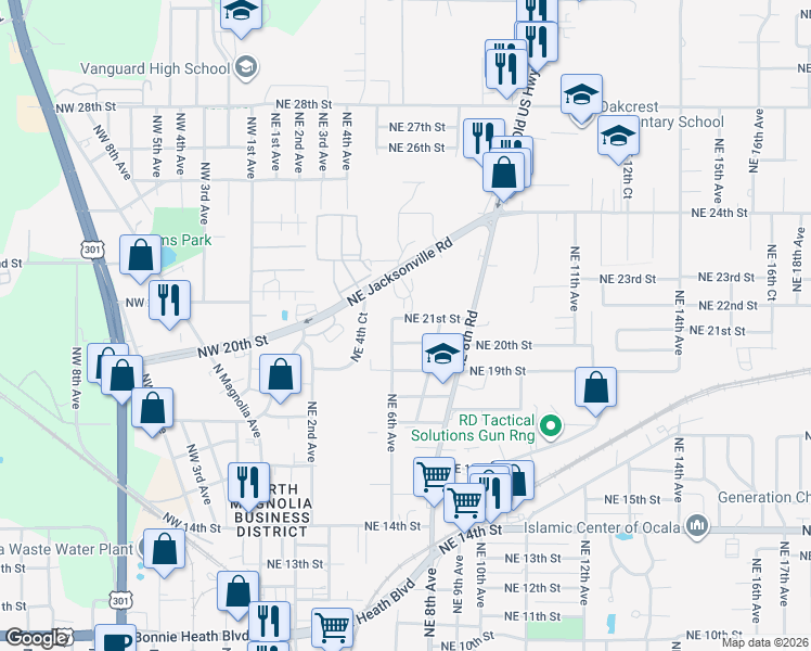 map of restaurants, bars, coffee shops, grocery stores, and more near 618 Northeast 21st Street in Ocala
